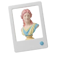 En hvid 3D-ramme, der indrammer en klassisk kvindebuste i pastelfarverne lyserød, blå og gul