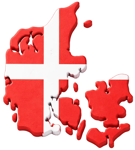 3D-illustration af Danmarkskort i rødt og hvidt med dannebrog som symbol på dansk 3D print og lokal produktion