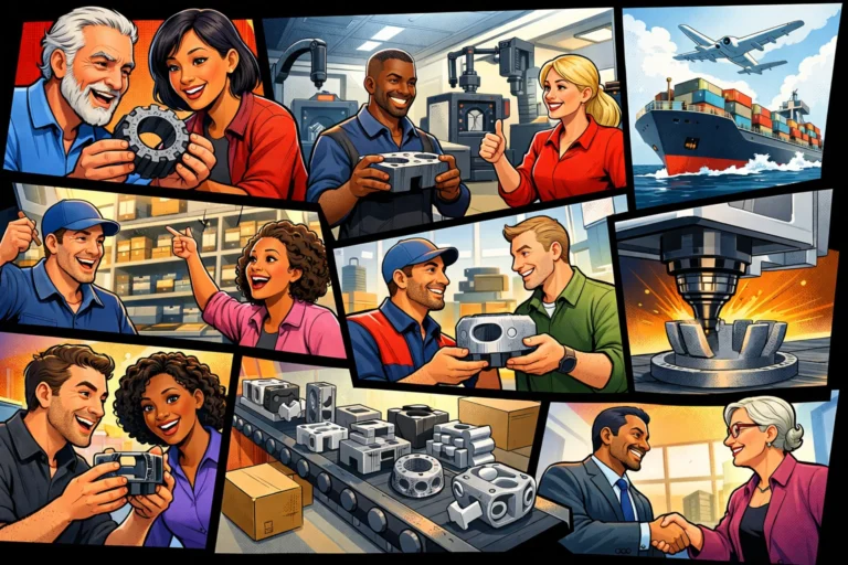 3D print i forsyningskæden visualiseret som tegneserie med global produktion, lokale fabrikker, on-demand dele og samarbejde mellem virksomheder