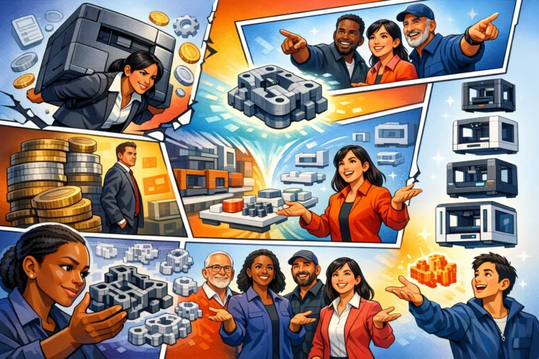 Illustration i dynamisk comic-stil, der viser strategisk 3D print service og optimering af forsyningskæde med on-demand produktion, reducerede omkostninger og global ekspertise