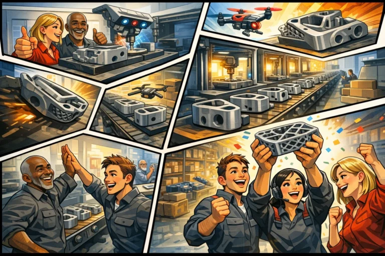 Illustration af 3D print service til serieproduktion, hvor industrielle komponenter produceres on-demand i små serier gennem moderne additiv produktion