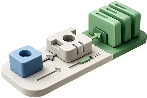3D-illustration af modulopbygget procesflow med blokke og pile, der symboliserer effektiv 3D print workflow og optimeret produktion
