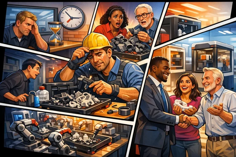 Tegneserie i 3D print stil der viser udfordringer ved in-house 3D print med fejlprint, spildtid og vedligeholdelse, samt fordelene ved outsourcing med effektiv produktion og samarbejde