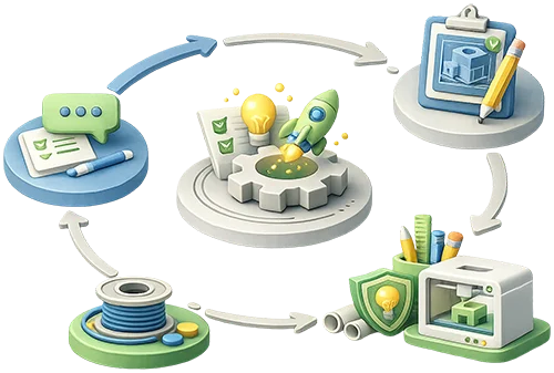 Illustration af cirkulær 3D print proces fra idé og planlægning til prototype og produktion