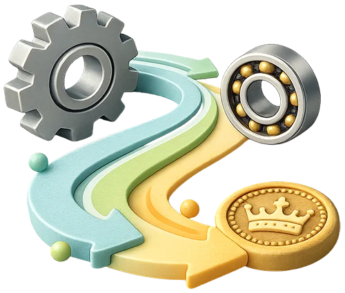Tandhjul, kugleleje og mønt som symbol på effektiv produktion, kvalitet og økonomisk optimering med 3D print