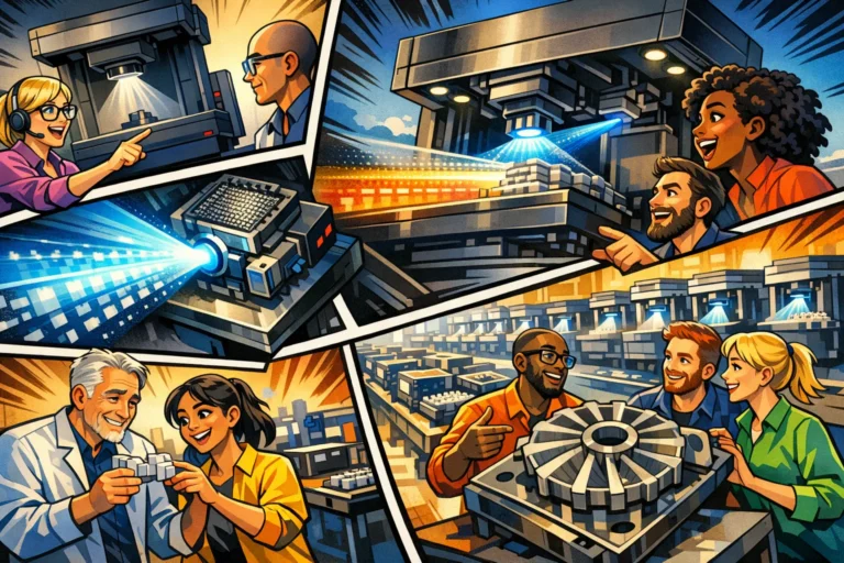 Tegneserie der illustrerer forskellen mellem statisk DLP og scrolling 3D print teknologi i industriel produktion med avancerede 3D printere og serieproduktion