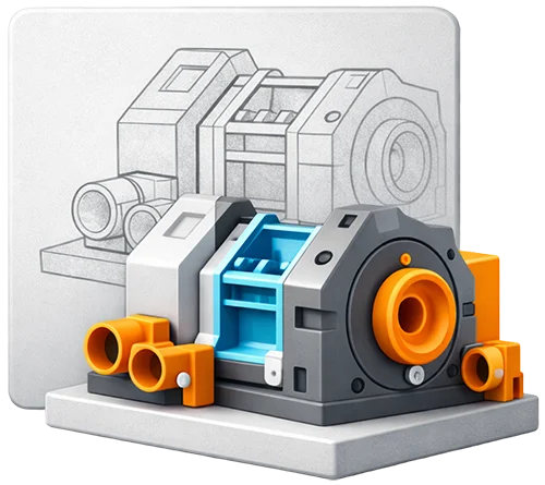 3D printet industrikomponent foran teknisk skitse som visualiserer processen fra designtegning til færdigt produkt