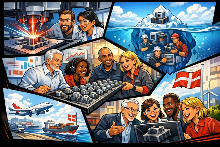 Tegneserie der viser industriel 3D print produktion med fokus på TCO, globale forsyningskæder, 3D print service og samarbejde mellem internationale teams