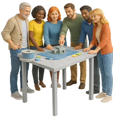 Team i samarbejde omkring 3D printet prototype og teknisk tegning som led i produktudvikling