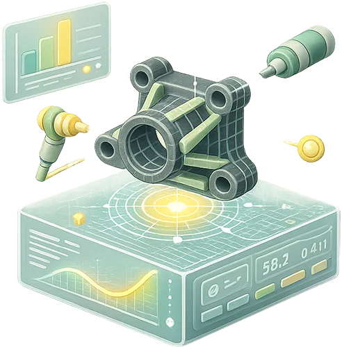 3D printet industrikomponent analyseret med data og præcisionsværktøjer som symbol på optimering og teknisk udvikling