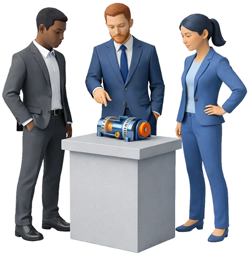 Tre erhvervspersoner vurderer en 3D printet industrikomponent på et bord som led i produktudvikling og prototypeproces