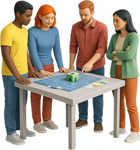 Fire personer samarbejder om produktudvikling ved bord med teknisk tegning og 3D printet prototype