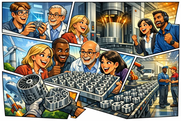 Serieproduktion med metal 3D print hvor et internationalt team inspicerer 3D printede metalkomponenter på en bakke foran industriel printer med flere lasere og produktionslinje i baggrunden