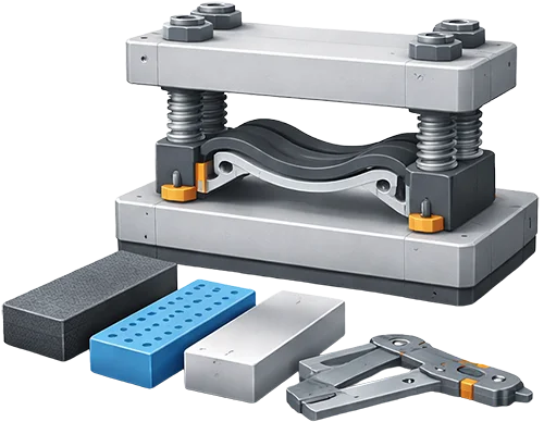 Industriel 3D-illustration af presseværktøj og formkomponenter, der symboliserer serieproduktion og specialfremstillede emner med 3D print