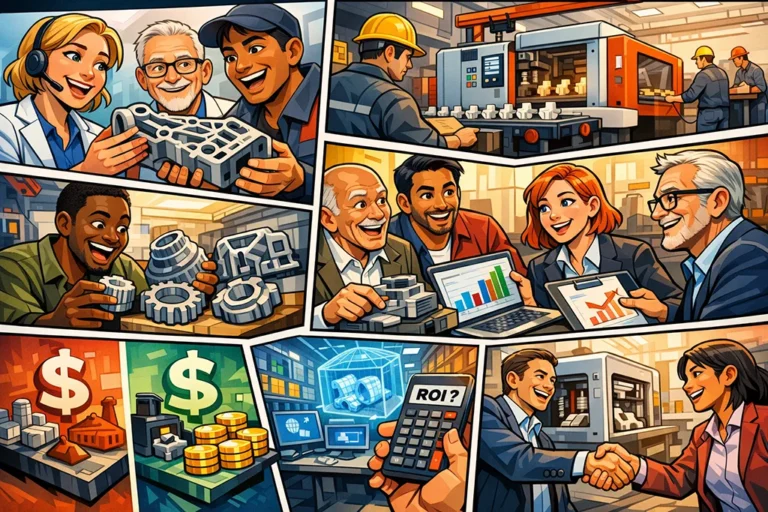 Tegneserie der viser strategisk brug af 3D print service med fokus på ROI, TCO, digitalt lager og forskellen mellem additiv og traditionel produktion