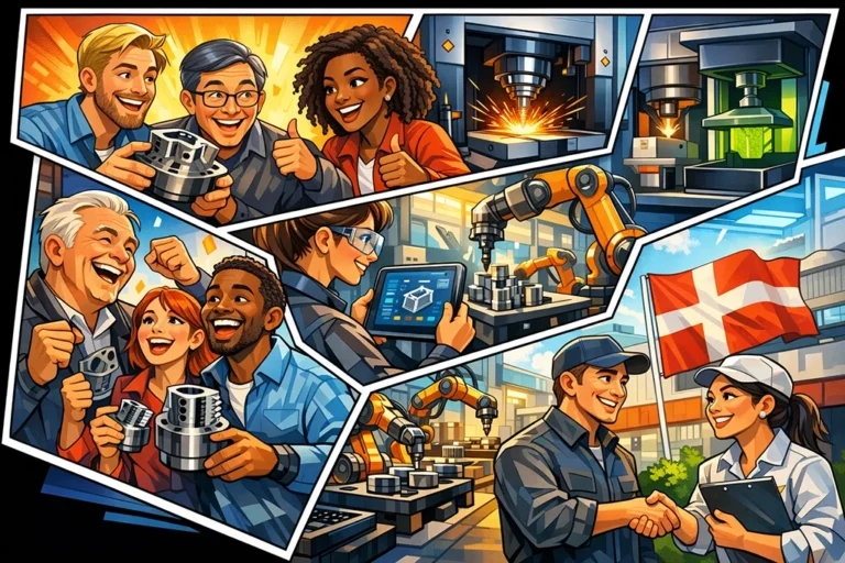 Tegneserieillustration af specialiseret 3D print i industrien med glade medarbejdere, robotarme, produktionsudstyr og dansk produktion