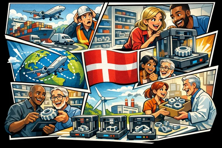 Illustration i tegneseriestil af dansk 3D print service, hvor global transport erstattes af lokal produktion, digitale filer og 3D printede industrikomponenter