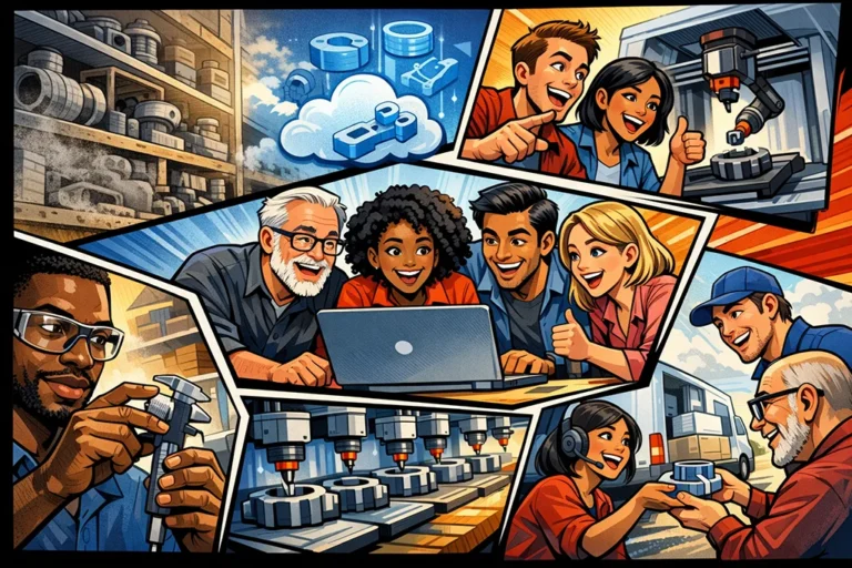 Tegneserieillustration af digitalt varelager med 3D print, hvor fysiske reservedele erstattes af digitale filer, on-demand produktion og hurtig levering
