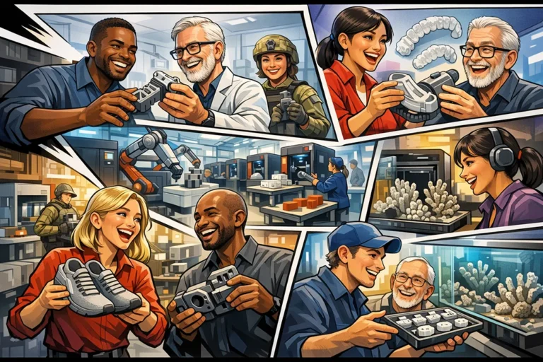 Tegneserieillustration af professionel 3D print service med glade fagpersoner, industrielle 3D printere, specialfremstillede emner og skalerbar produktion til erhverv