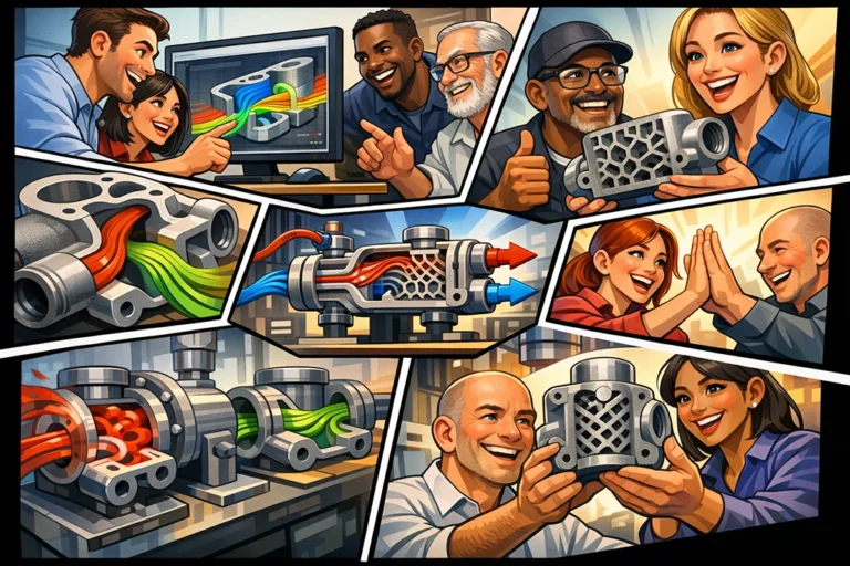 En tegneserieagtig collage af ingeniører og teknikere, der samarbejder om generativt design og 3D-printede komponenter med komplekse indvendige kanaler til væskegennemstrømning