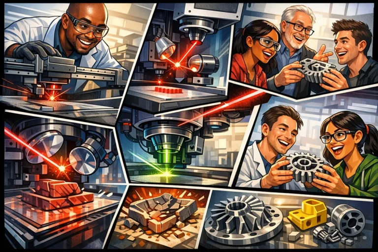 Tegneserieillustration af industriel 3D print præcision med laserteknologi, optiske systemer og ingeniører, der vurderer detaljerede 3D printede emner