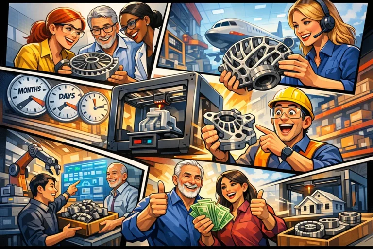 Tegneserieillustration af industriel 3D print med ingeniører, 3D printer, komplekse komponenter, hurtigere udvikling og fokus på værdi frem for materialepris