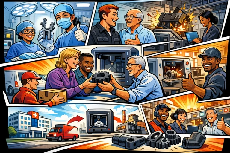 Tegnet comic-banner, der viser hvordan 3D print teknologi bruges til hurtig produktion af kritiske reservedele til hospitaler og industri med lokal levering og minimeret nedetid